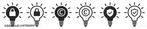 Set of intellectual property icons. Сopyright protection symbols, patent idea icon. Patented intellectual property . Lightbulb with padlock, shield, protection, copyright icon. 