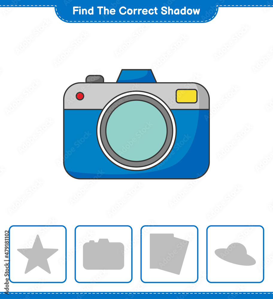 Find the correct shadow. Find and match the correct shadow of Camera. Educational children game, printable worksheet, vector illustration Find the correct shadow. Find and match the correct shadow of Camera. Educational children game, printable worksheet, vector illustration