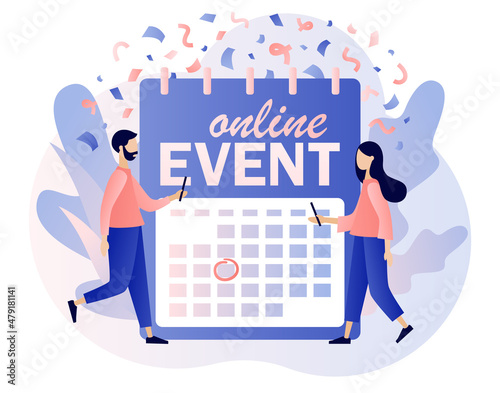 Online events scheduled on the calendar. Corporate party, meeting friends and colleagues. Video conference. Tiny people celebration. Modern flat cartoon style. Vector illustration on white background