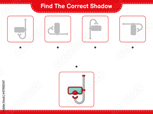 Find the correct shadow. Find and match the correct shadow of Scuba Diving Mask. Educational children game, printable worksheet, vector illustration
