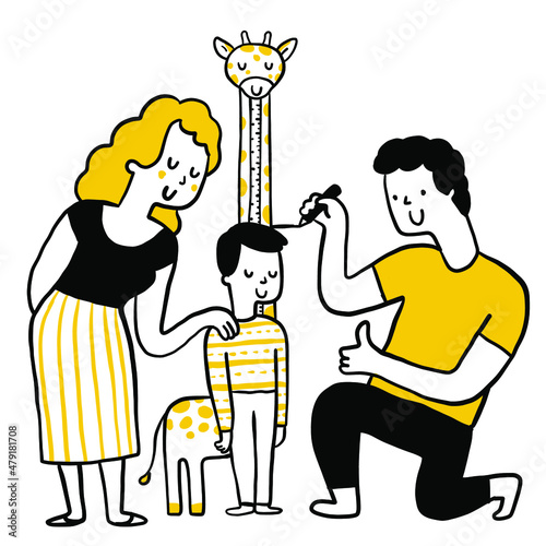 Father and mother measure the growth of their son. Cute doodle character illustration, outline, linear, thin line art, hand drawn sketch, simple design. 