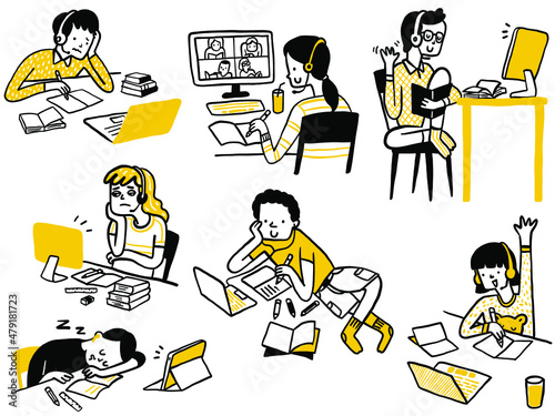 Children stay home and study online, homeschooling concept. Various facial expression, bored, enjoyment, sleepy, happy, confuse. Cute doodle character style. © jesadaphorn