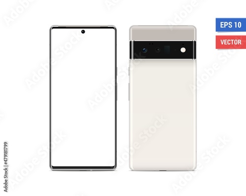 Realistic vector flat mock-up Google Pixel 6 Pro with blank screen isolated on white background. Scale image any resolution