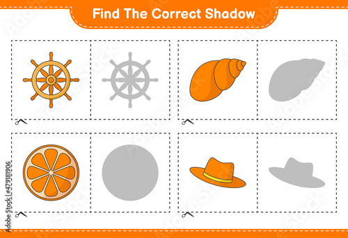 Find the correct shadow. Find and match the correct shadow of Hat, Orange, Ship Steering Wheel, and Sea Shells. Educational children game, printable worksheet, vector illustration