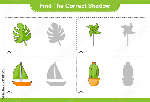Find the correct shadow. Find and match the correct shadow of Pinwheels, Cactus, Monstera, and Sailboat. Educational children game, printable worksheet, vector illustration