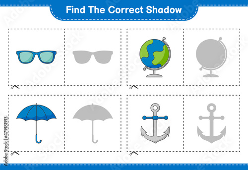 Find the correct shadow. Find and match the correct shadow of Globe, Sunglasses, Umbrella, and Anchor. Educational children game, printable worksheet, vector illustration