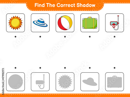 Find the correct shadow. Find and match the correct shadow of Sun, Ball, Luggage, Hat, and Scuba Diving Mask. Educational children game, printable worksheet, vector illustration