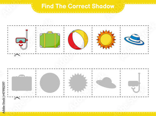 Find the correct shadow. Find and match the correct shadow of Sun, Ball, Luggage, Hat, and Scuba Diving Mask. Educational children game, printable worksheet, vector illustration
