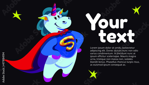 A cute unicorn in a red cape is like a superhero. Vector illustration. Banner design with a cartoon character.
