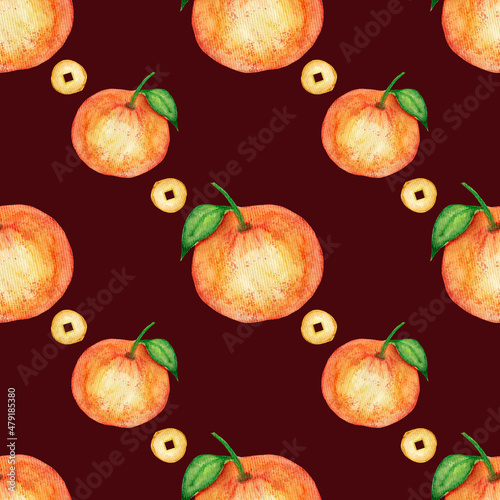 Watercolor pattern in the style of the Chinese New Year. Tangerines and coins on a brown background.