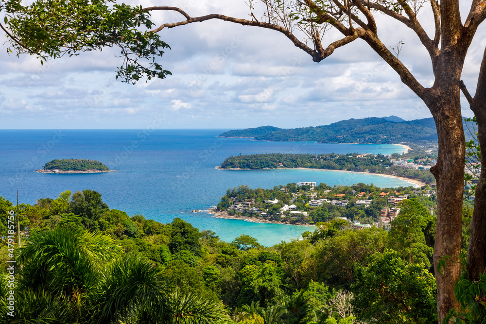 View of the beaches of Phuket from the observation deck. The beaches and islands are covered with rich greenery