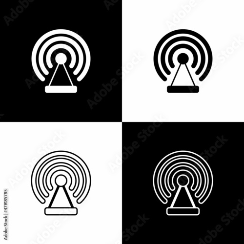 Set Radar icon isolated on black and white background. Search system. Satellite sign. Vector