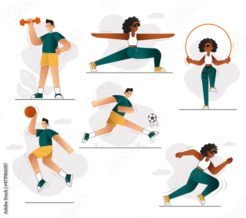 Set of peaples do exersices. Persons are playing with ball ant other sport equipment. Isolated on white background. Vector eps10. Yong characters play an have fun.