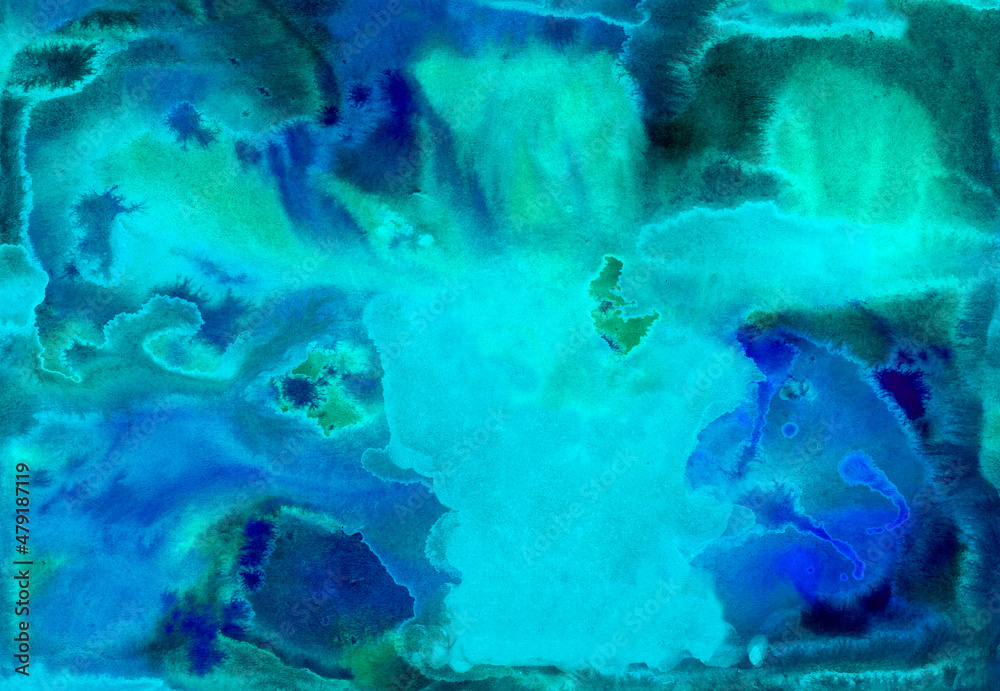 Fototapeta premium watercolor smudges and stains, hand-drawn paint background. bright glowing dark blue background for cards, fabrics, any design. abstraction is like the underwater world or stars in space.