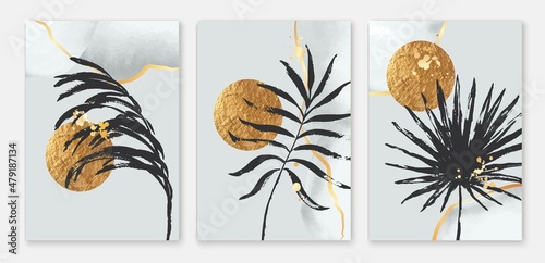 Golden sun and botanical vector set. Wall art composition. Yellow gold circle, hand painted exotic leaves.