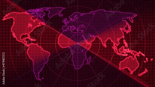 Digital technology scanning world map animated, Pink red color world map searching radar HUD animated