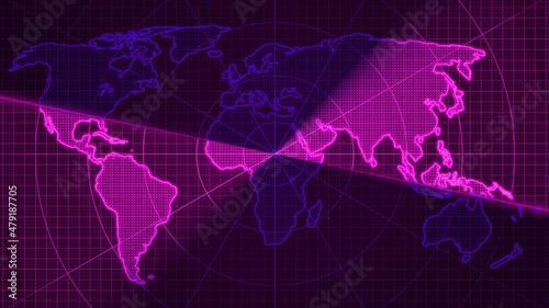 Digital technology scanning world map animated, Purple pink color world map searching radar HUD animated