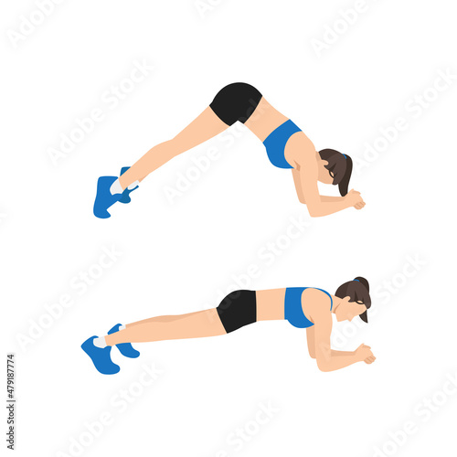 Woman doing Inverted V Plank exercise flat vector illustration isolated on white background