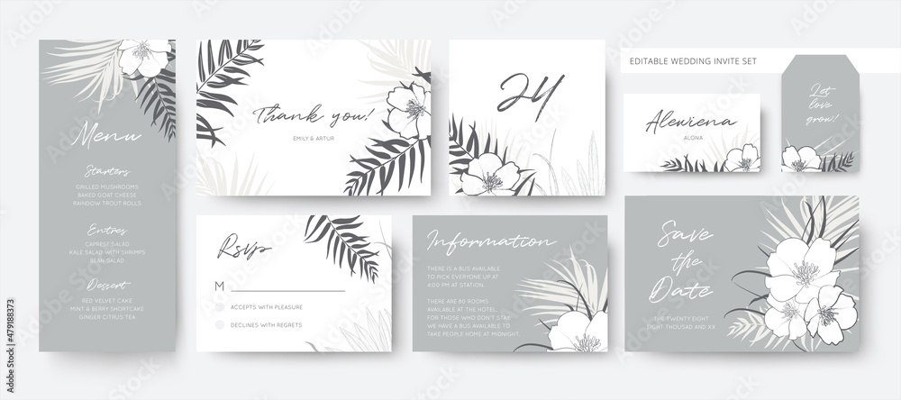 Vector botanical wedding menu, rsvp, thank you, details, tag, save the date, place card set. Editable gray and white hand drawn palm leaves, foliage border, frame. Elegant minimalist design stationery