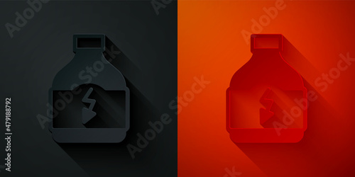 Paper cut Sports nutrition bodybuilding proteine power drink and food icon isolated on black and red background. Paper art style. Vector