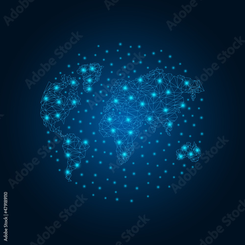 World map with lighting dots. Abstract polygonal Earth map. Vector illustration. Globalisation concept. 