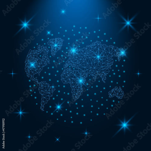 World map with lighting dots. Abstract polygonal Earth map. Vector illustration. Globalisation concept. 