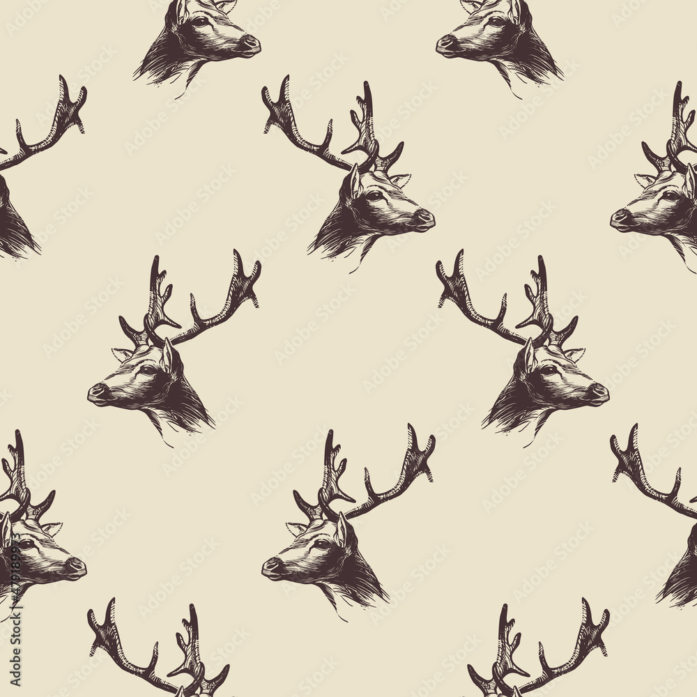 Hand drawn deer head pattern on beige background for printing on paper, textiles and decoration. Vector illustration. Hand drawn deer head pattern on beige background for printing on paper, textiles and decoration. Vector illustration.