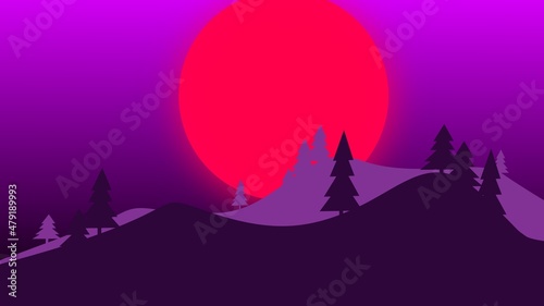 mountain and moon background with pine tree or spruce for desktop wallpaper and banner © JULIAN