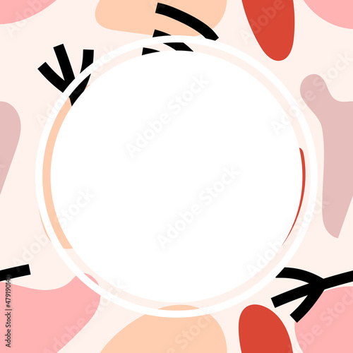Abstract vector template with shapes in scribble and doodle style and white circle in pastel trendy beige colors as a background for your social media content and banners or flyers. Seamless texture
