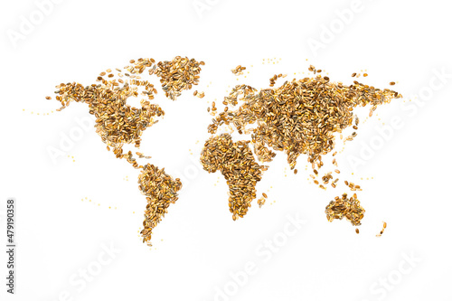 Photographie World map made of grain, rye, wheat, oat, barley, millet and spelt