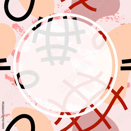 Abstract vector template with shapes in scribble and doodle style and white circle in pastel trendy beige colors as a background for your social media content and banners or flyers. Seamless texture