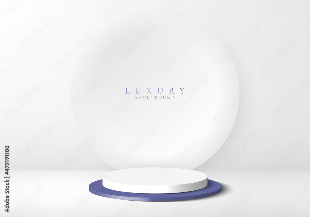 3D realistic product display white and blue podium with white circle backdrop on clean background 3D realistic product display white and blue podium with white circle backdrop on clean background