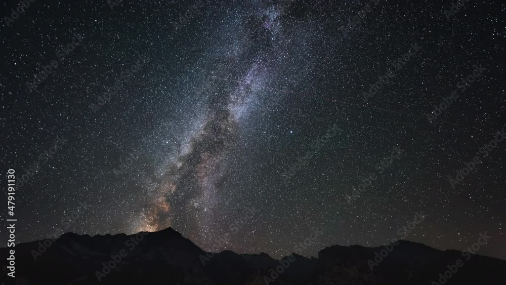 Camera moves in order to capture the Milky Way and Starry Constellations. Outer space and the Universe above the mountain peaks. Night sky time lapse. Camera moves in order to capture the Milky Way and Starry Constellations. Outer space and the Universe above the mountain peaks. Night sky time lapse.