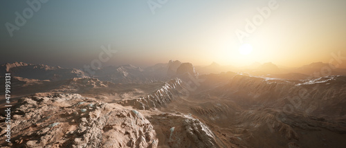 Foto Panoramic view of the arid rocky desert during sunrise