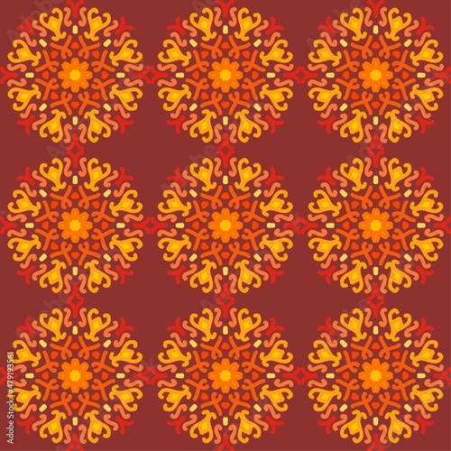 seamless pattern yellow red soft rose maroon vintage floral flower mandala interior flat design burgundy background vector illustration
