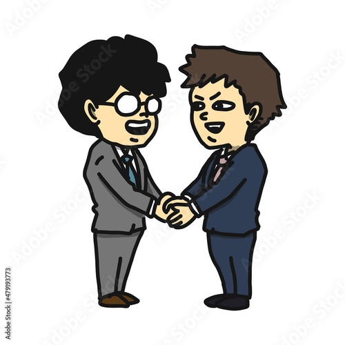 商談が成立して、固く握手をする二人のサラリーマンのイラスト。