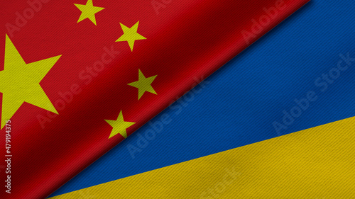 Photography 3D Rendering of two flags from China and ukraine together with fabric texture, b