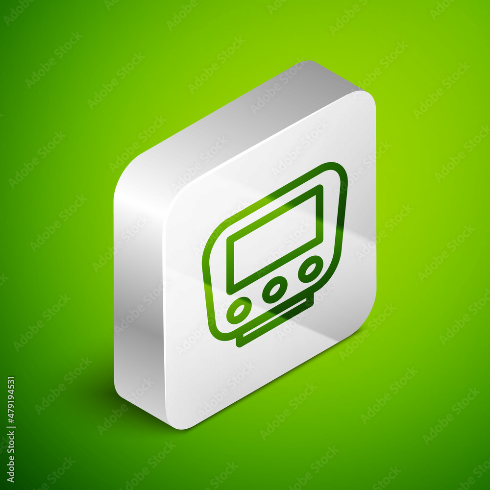 Isometric line Bicycle speedometer icon isolated on green background. Silver square button. Vector Isometric line Bicycle speedometer icon isolated on green background. Silver square button. Vector