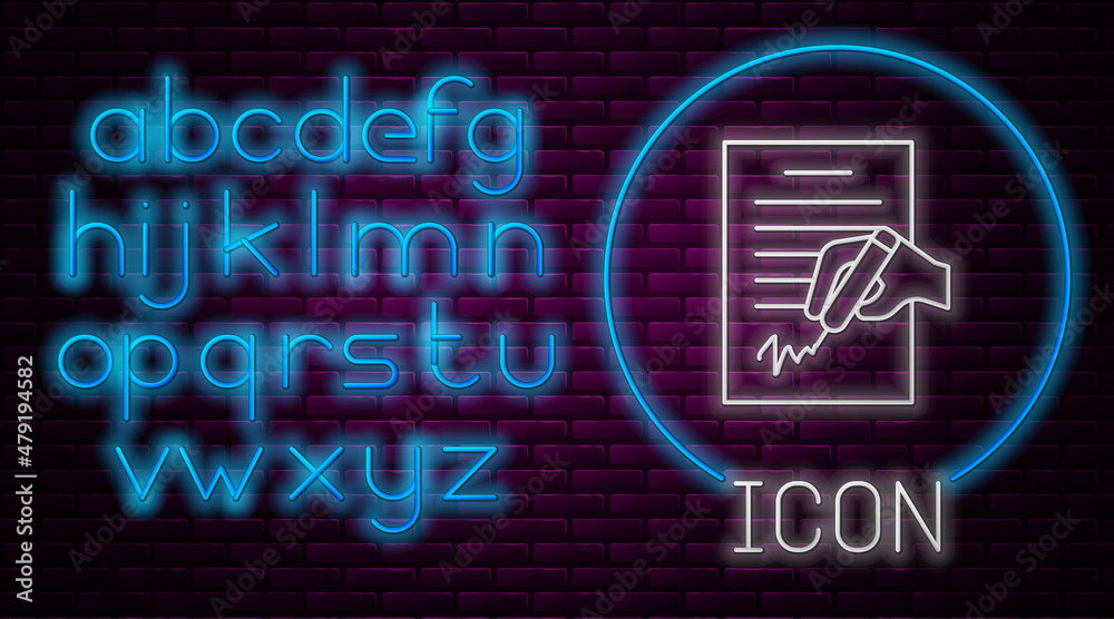 Glowing neon line Petition icon isolated on brick wall background. Neon light alphabet. Vector Glowing neon line Petition icon isolated on brick wall background. Neon light alphabet. Vector