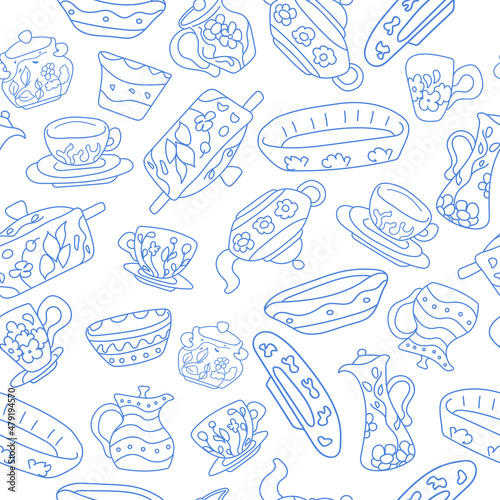 A simple, elegant and stylish pattern of modern hand-painted ceramic tableware on a white background. Vector