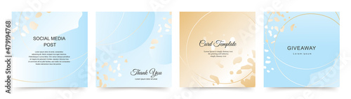 Square neutral backgrounds set. Social media post templates. Greeting card and invitation. Vector gold and light blue shapes for сontent creators of beauty, fashion, cosmetics, jewelry, 
makeup