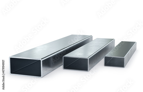 Rectangular metal profile pipes isolated on white background in different sizes. 3d rendering