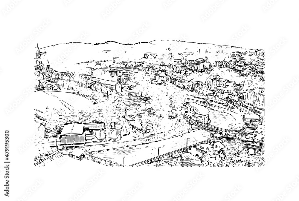 Obraz premium Building view with landmark of Lourdes is a town in southwestern France. Hand drawn sketch illustration in vector.