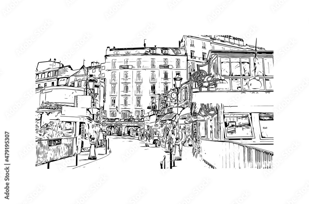 Building view with landmark of Lourdes is a town in southwestern France. Hand drawn sketch illustration in vector.