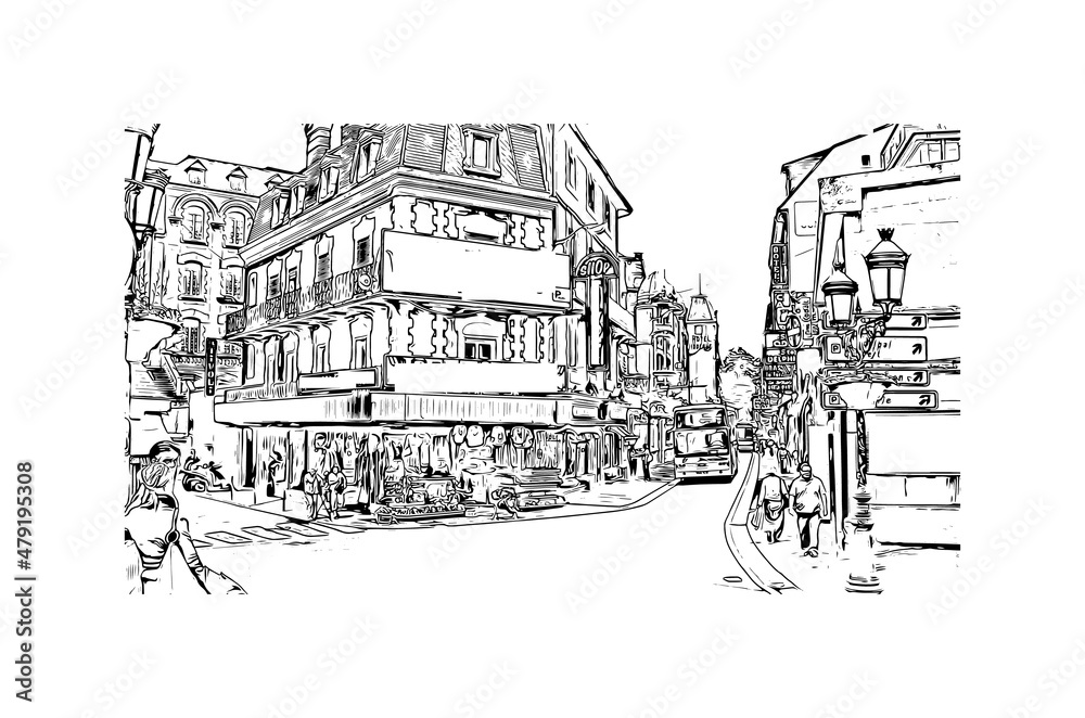 Building view with landmark of Lourdes is a town in southwestern France. Hand drawn sketch illustration in vector.