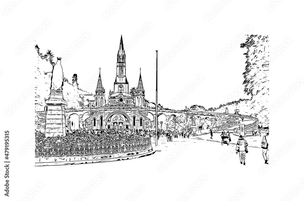 Building view with landmark of Lourdes is a town in southwestern France. Hand drawn sketch illustration in vector.