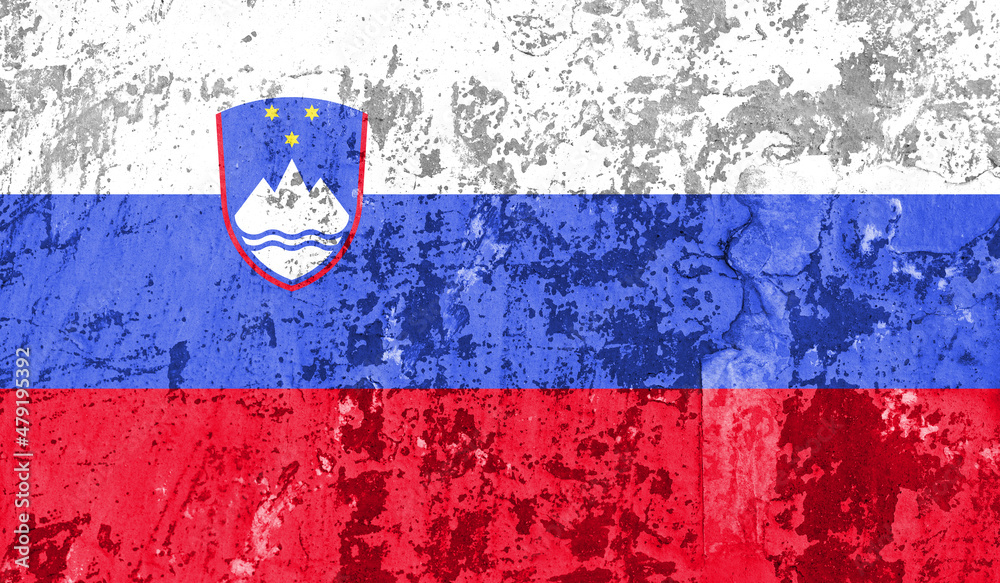 Slovenia flag on old paint on wall. 3D image