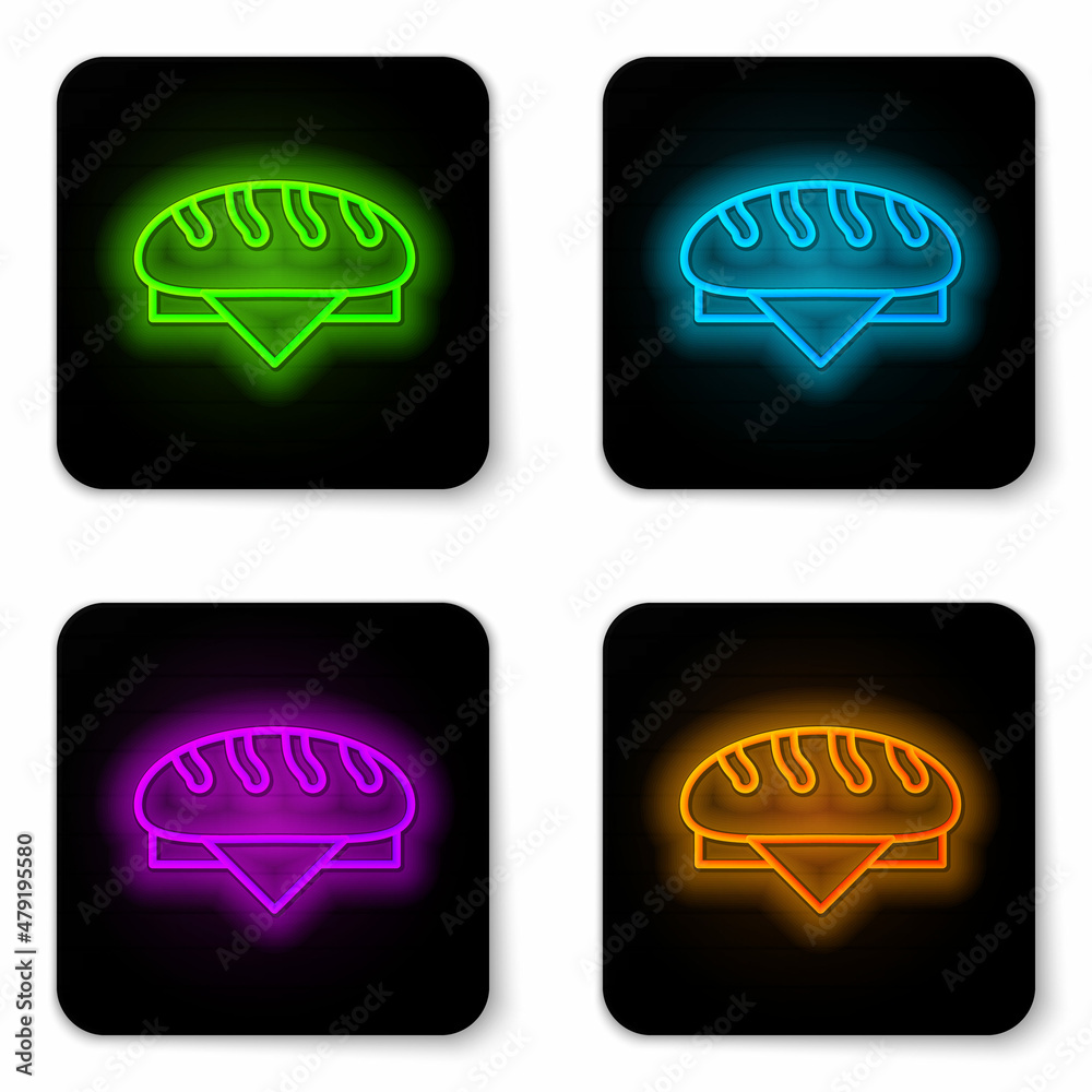 Glowing neon line Bread loaf icon isolated on white background. Black square button. Vector Glowing neon line Bread loaf icon isolated on white background. Black square button. Vector