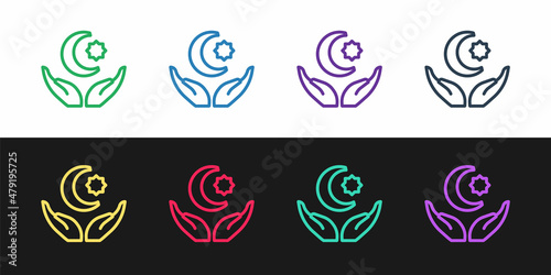 Set line Star and crescent - symbol of Islam icon isolated on black and white background. Religion symbol. Vector