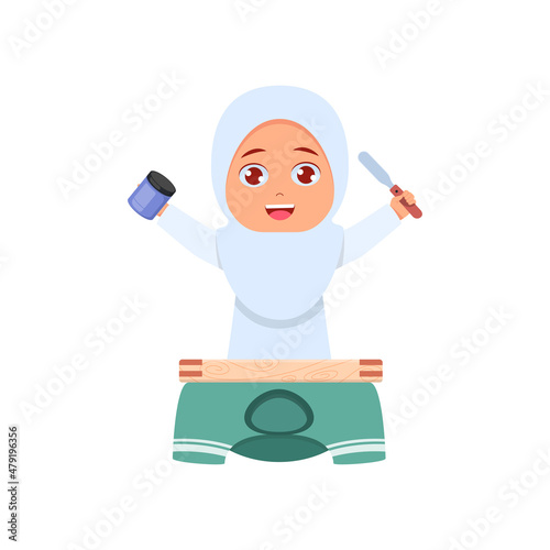 Cute girl ready to screen print clothes with ink and wood handle in hand